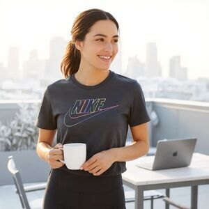 Nike Logo Graphic Tee Shirt Black Multicolor Swoosh Unisex Size M New